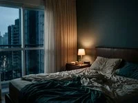 Quarto escuro com cama desfeita e luz azulada da madrugada entrando pela cortina da janela