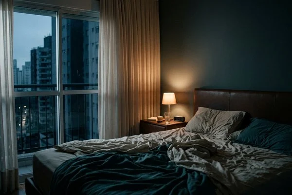 Quarto escuro com cama desfeita e luz azulada da madrugada entrando pela cortina da janela