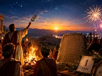 Origem do Ano Novo: celebração na Roma Antiga com fogueira e templo histórico, calendário romano em pedra, nascer do sol, relógio antigo e fogos de artifício modernos.