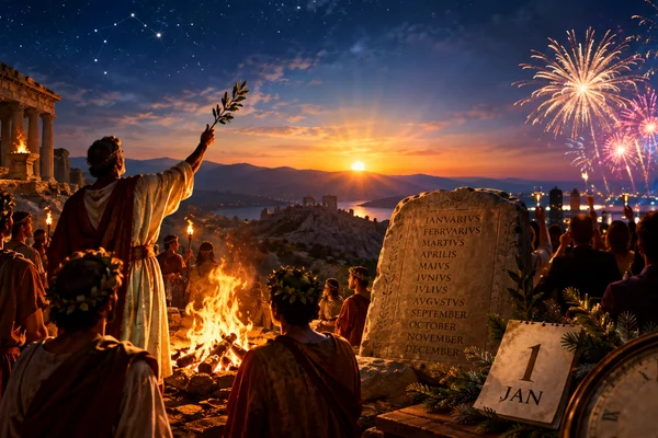 Origem do Ano Novo: celebração na Roma Antiga com fogueira e templo histórico, calendário romano em pedra, nascer do sol, relógio antigo e fogos de artifício modernos.