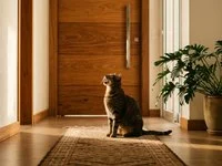 Gato rajado sentado diante de uma porta, de boca aberta, olhando para cima em um corredor de casa