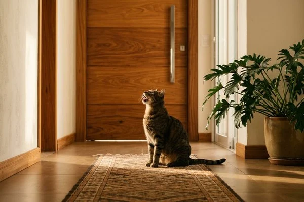 Gato rajado sentado diante de uma porta, de boca aberta, olhando para cima em um corredor de casa