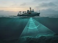 Navio de pesquisa em mar aberto ao amanhecer, com feixes de sonar descendo pela água azul-petróleo