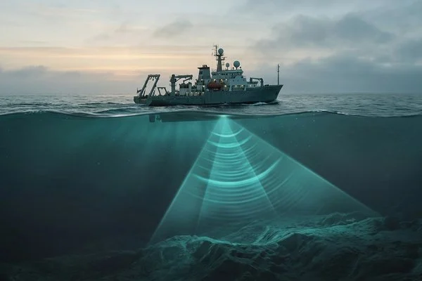 Navio de pesquisa em mar aberto ao amanhecer, com feixes de sonar descendo pela água azul-petróleo
